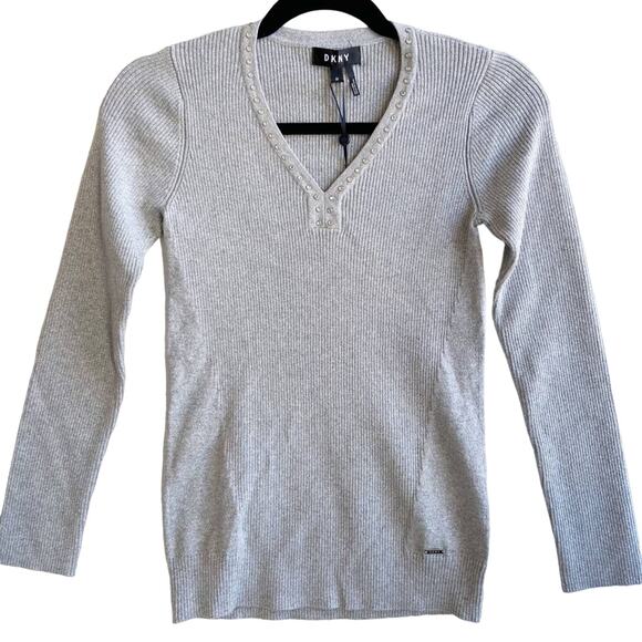 DKNY XS Grey Sparkle Ribbed Knit Rhinestone Long Sleeve Vneck Sweater - Picture 2 of 9